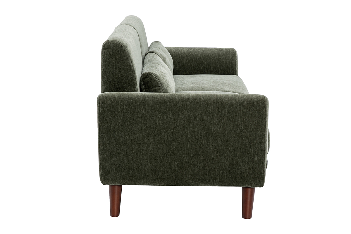 Divano scandinavo a 3 posti in tessuto verde kaki, vista laterale con braccioli e piedini in legno scuro.