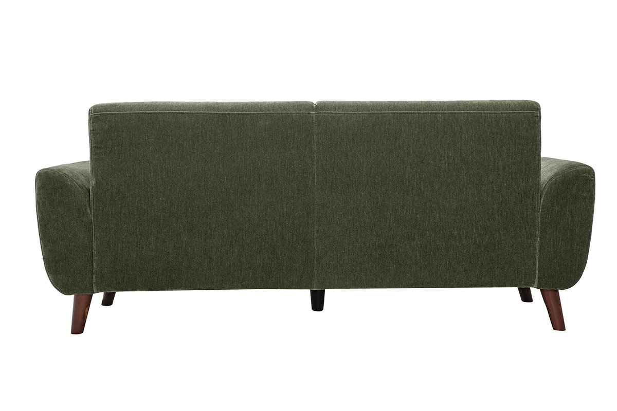 Divano scandinavo a 3 posti in tessuto effetto velluto verde kaki, vista posteriore