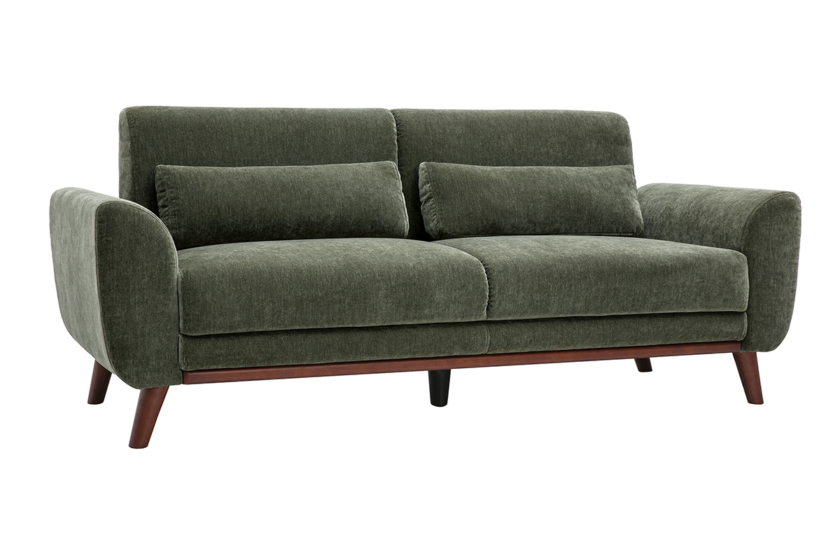 Divano scandinavo a 3 posti in tessuto effetto velluto verde kaki, vista a 3/4