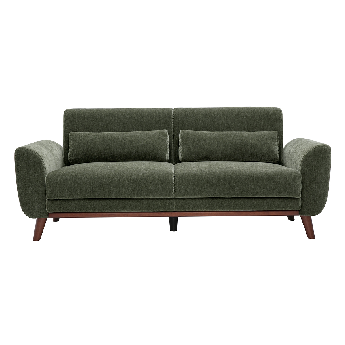 Divano scandinavo a 3 posti in tessuto effetto velluto verde kaki e legno scuro EKTOR
