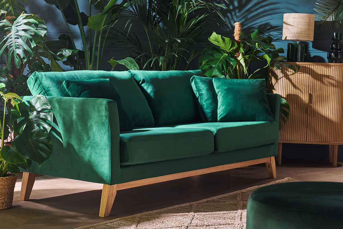 Divano scandinavo a 3 posti in velluto Midnight green piedi in legno OSLO