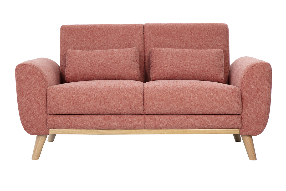 Divano scandinavo a due posti in tessuto effetto velluto testurizzato terracotta e legno chiaro EKTOR