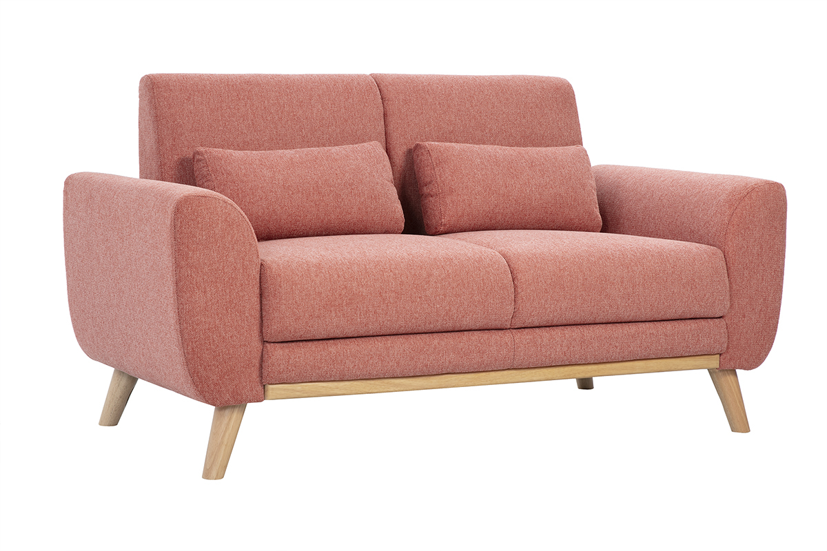 Divano scandinavo a due posti in tessuto effetto velluto testurizzato terracotta e legno chiaro EKTOR