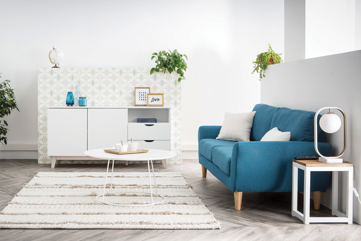 Divano scandinavo in tessuto Blu anatra 3 posti ALICE