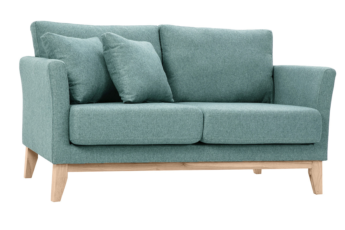 Divano scandinavo sfoderabile 2 posti in tessuto effetto velluto grigio-verde e legno chiaro OSLO
