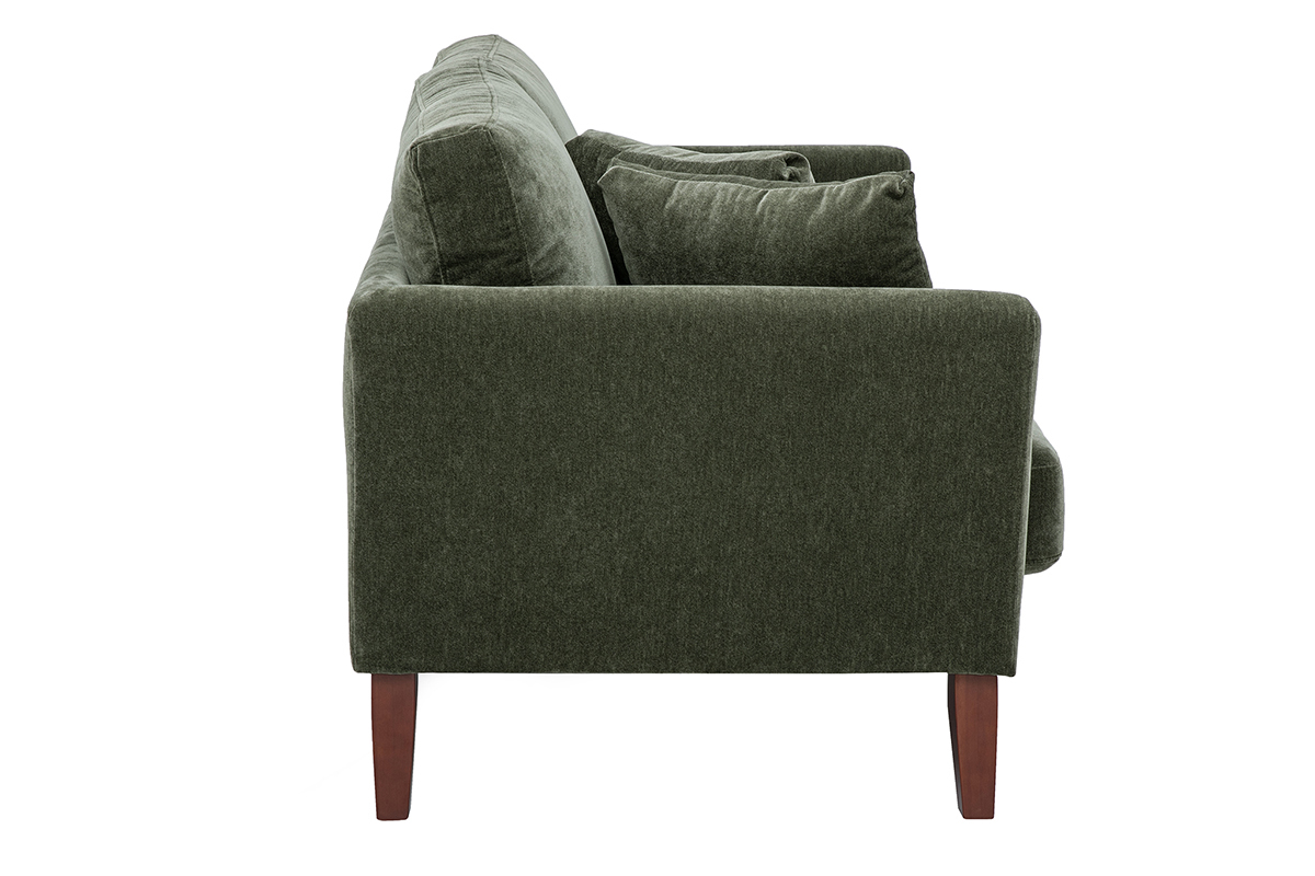 Divano scandinavo sfoderabile a 2 posti in tessuto verde kaki, vista di profilo, con cuscini