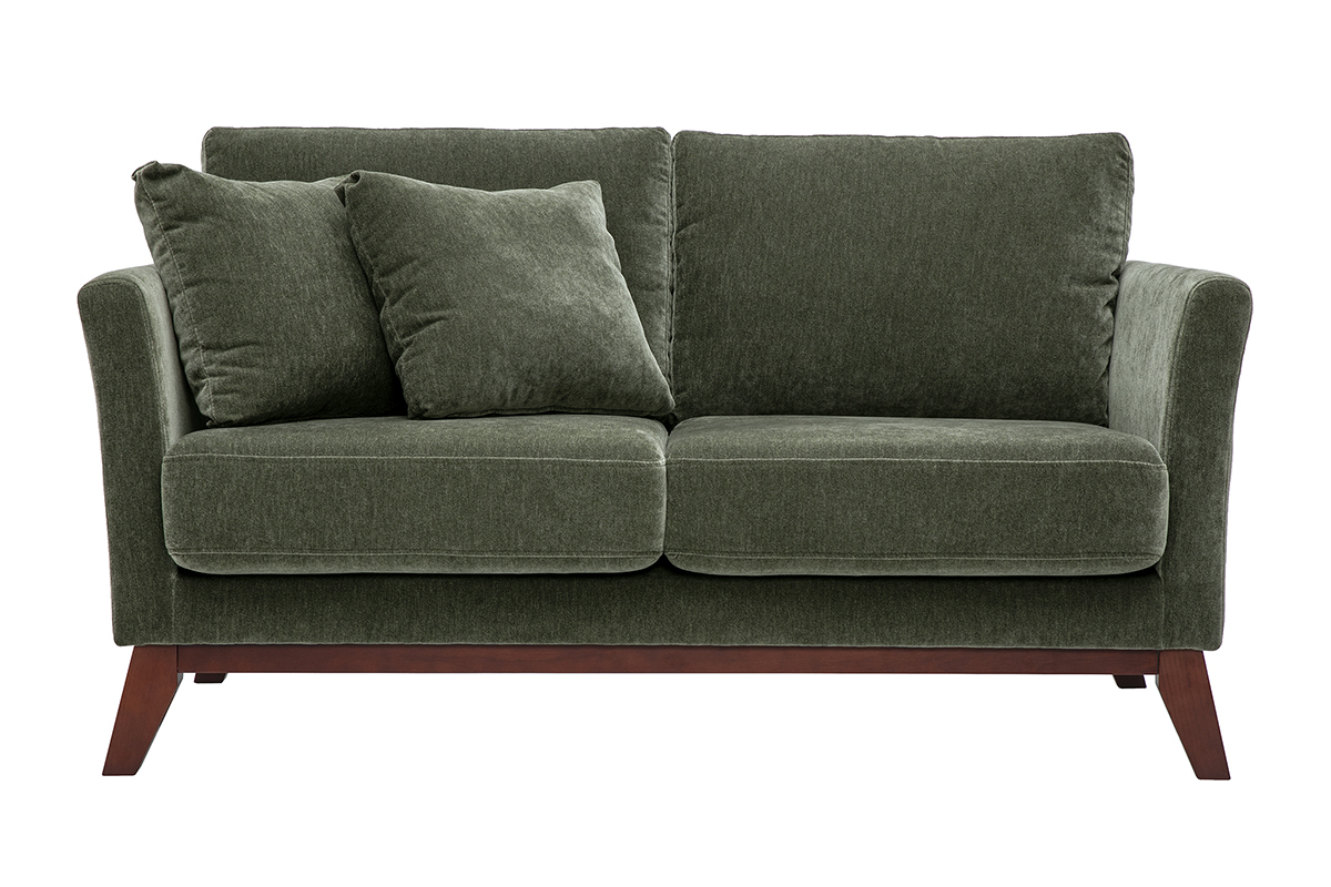 Divano scandinavo sfoderabile a 2 posti in tessuto effetto velluto verde kaki, vista frontale