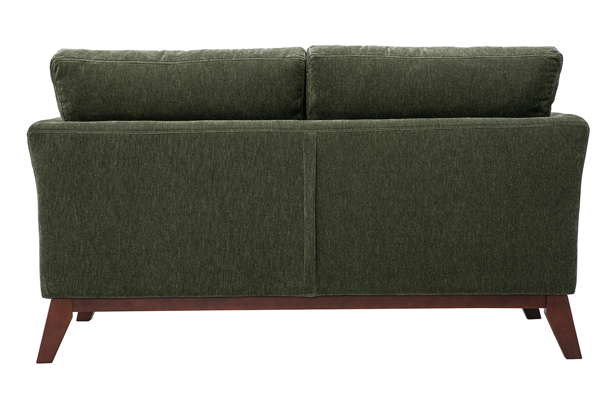 Canap� scandinave d�houssable 2 places vue de dos, en tissu effet velours vert kaki et bois fonc�.