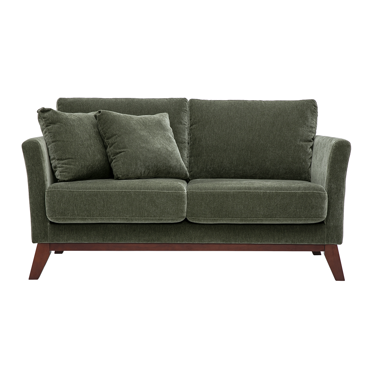 Divano scandinavo sfoderabile 2 posti in tessuto effetto velluto verde kaki e legno scuro OSLO