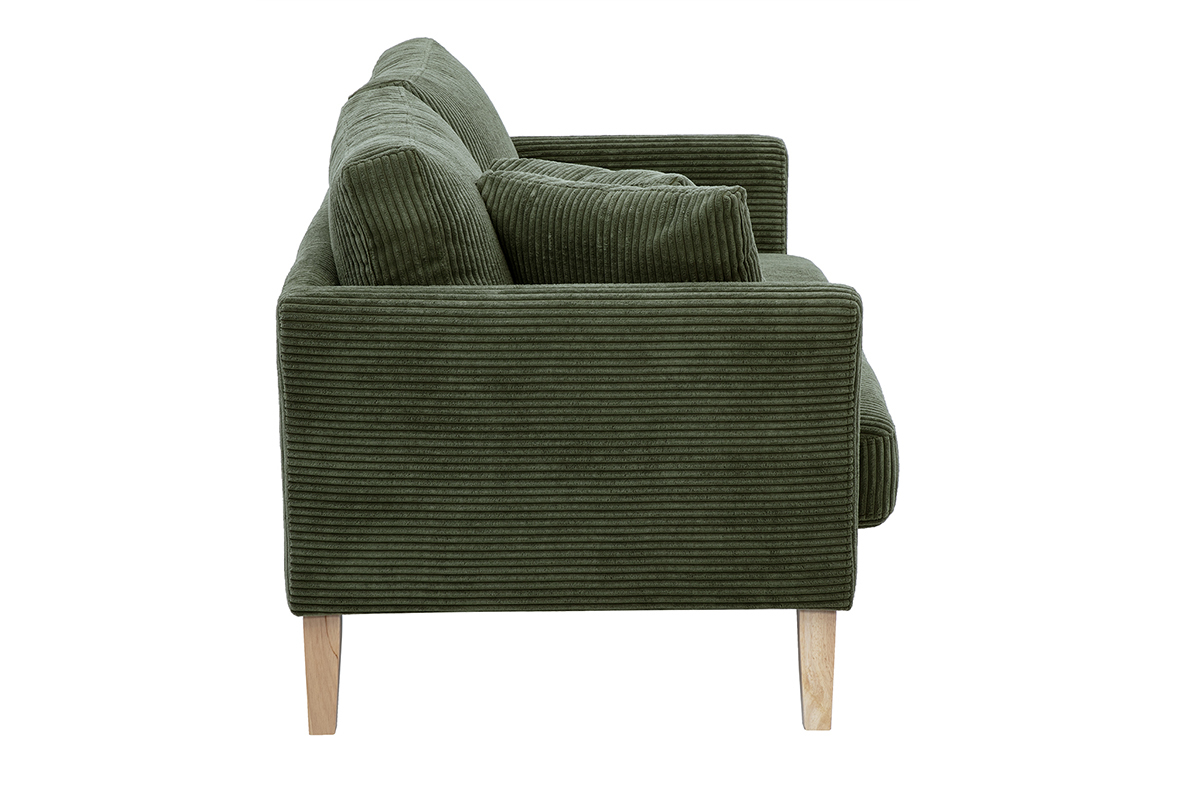 Divano scandinavo sfoderabile 2 posti in tessuto velluto a coste verde kaki e legno chiaro OSLO
