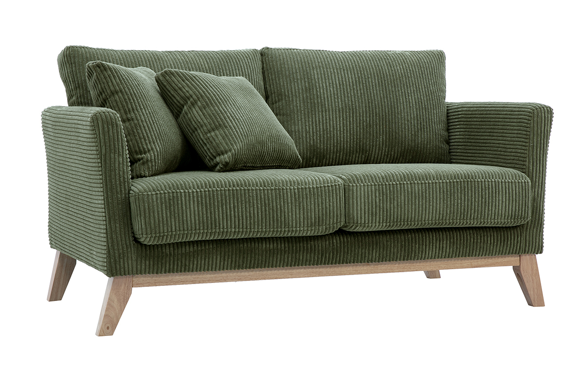 Divano scandinavo sfoderabile 2 posti in tessuto velluto a coste verde kaki e legno chiaro OSLO