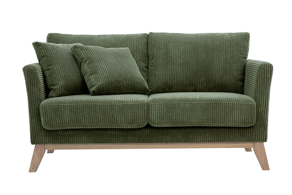 Divano scandinavo sfoderabile 2 posti in tessuto velluto a coste verde kaki e legno chiaro OSLO