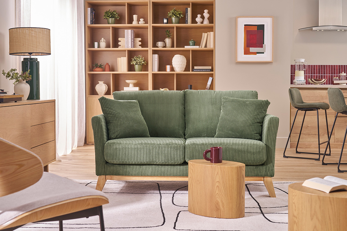Divano scandinavo sfoderabile 2 posti in tessuto velluto a coste verde kaki e legno chiaro OSLO