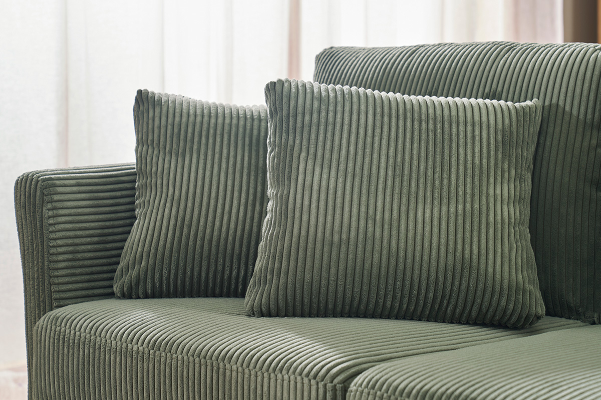 Divano scandinavo sfoderabile 2 posti in tessuto velluto a coste verde kaki e legno chiaro OSLO