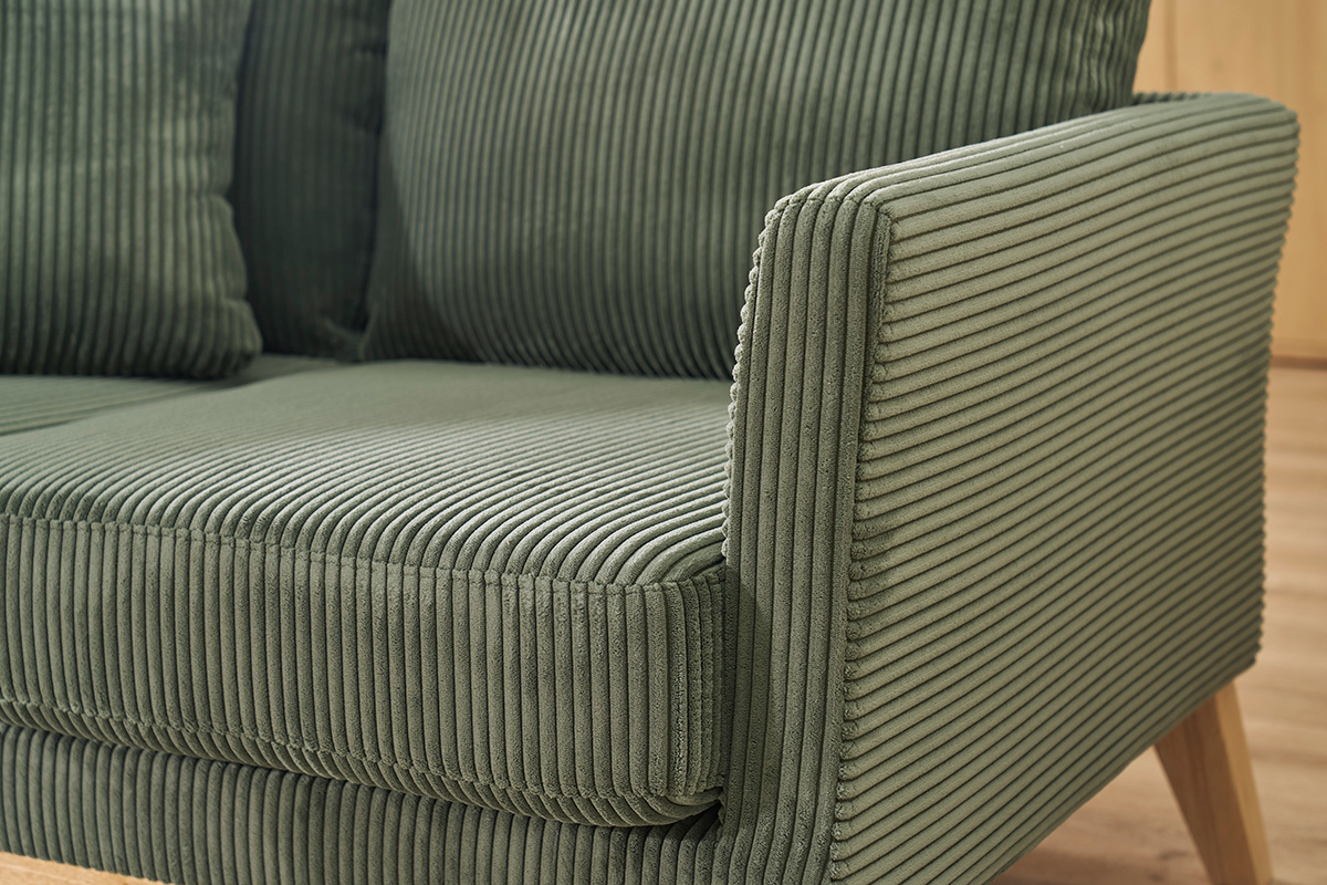 Divano scandinavo sfoderabile 2 posti in tessuto velluto a coste verde kaki e legno chiaro OSLO