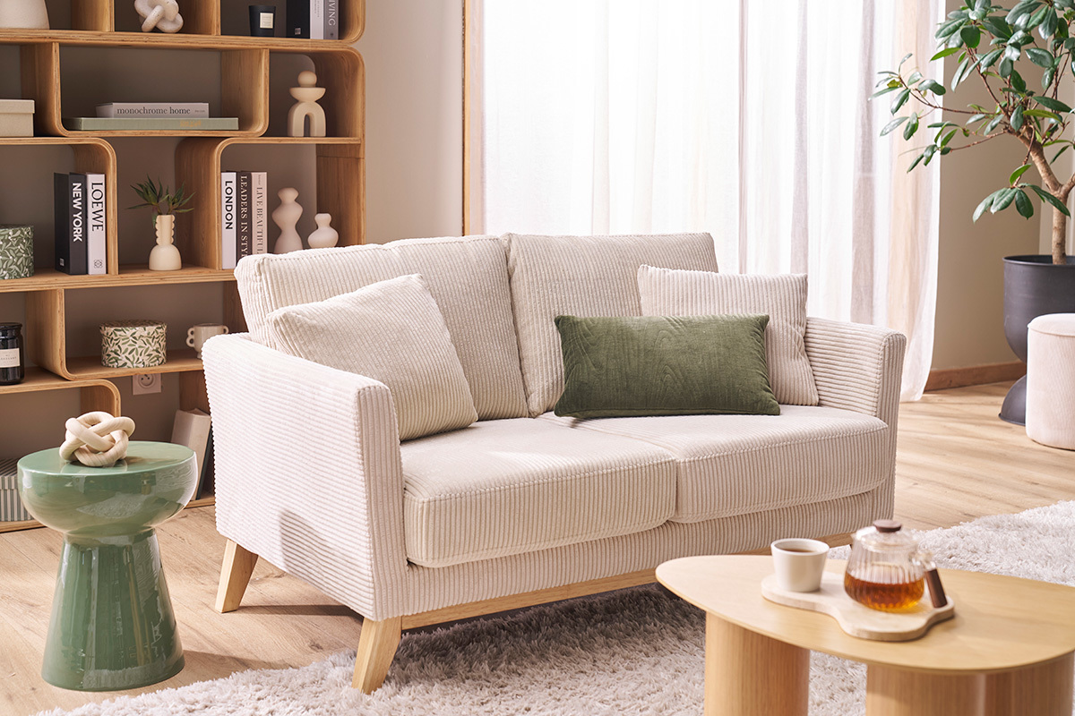 Divano scandinavo sfoderabile 2 posti in velluto a coste beige e legno chiaro OSLO