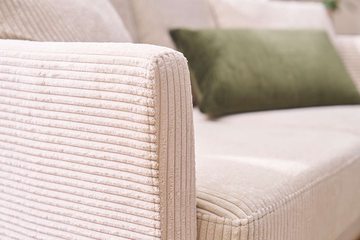Divano scandinavo sfoderabile 2 posti in velluto a coste beige e legno chiaro OSLO