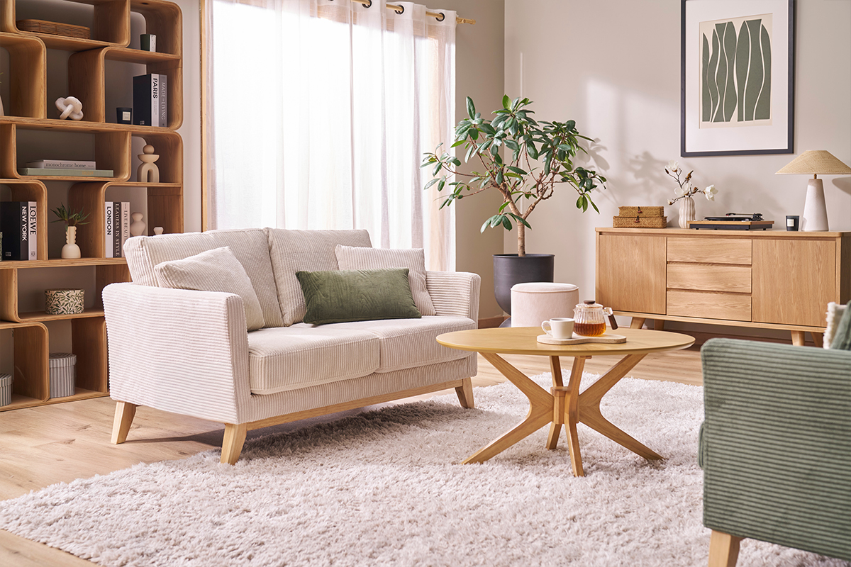 Divano scandinavo sfoderabile 2 posti in velluto a coste beige e legno chiaro OSLO
