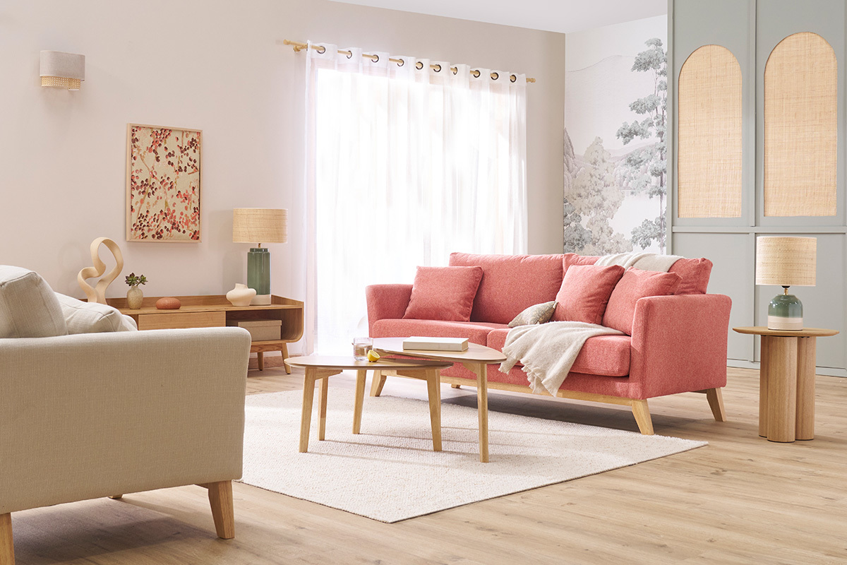 Divano scandinavo sfoderabile 3 posti in tessuto effetto velluto testurizzato color terracotta e legno chiaro OSLO