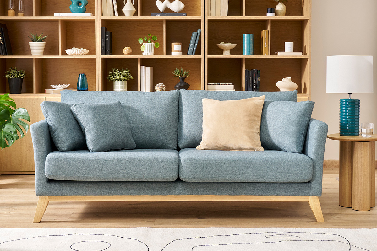 Divano scandinavo sfoderabile 3 posti in tessuto grigio-verde e legno chiaro OSLO