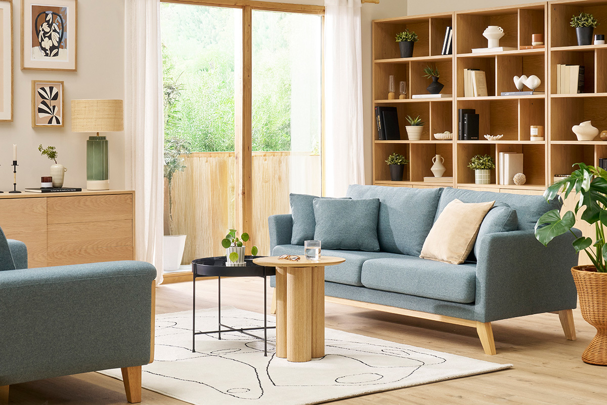 Divano scandinavo sfoderabile 3 posti in tessuto grigio-verde e legno chiaro OSLO