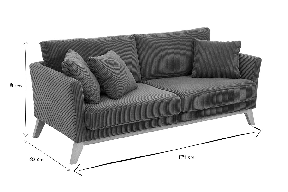 Divano scandinavo sfoderabile 3 posti in tessuto velluto a coste verde kaki e legno chiaro OSLO