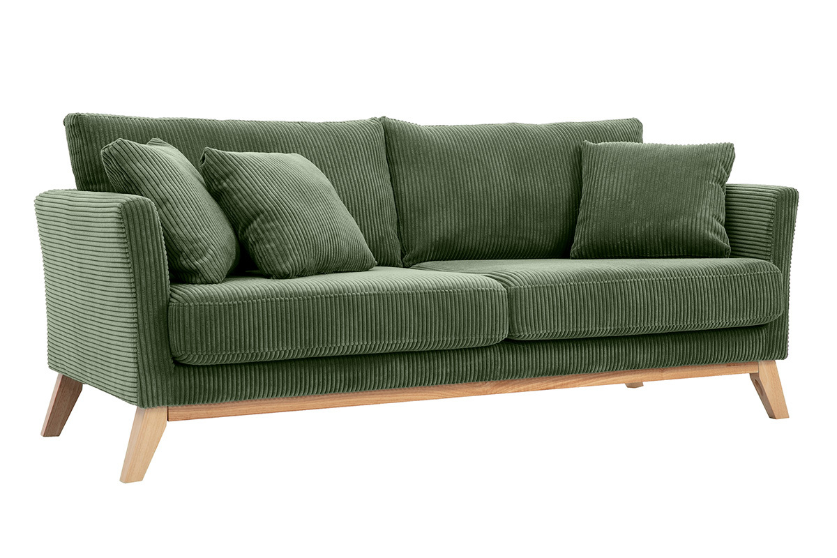Divano scandinavo sfoderabile 3 posti in tessuto velluto a coste verde kaki e legno chiaro OSLO