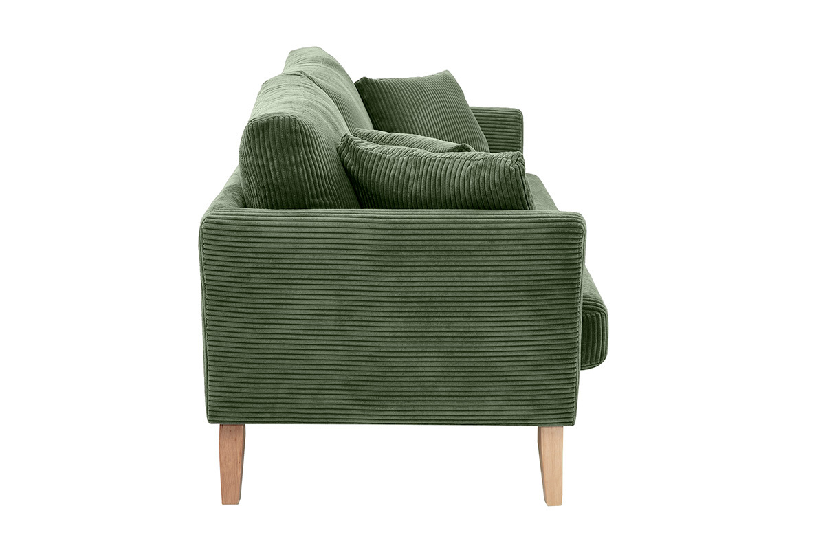 Divano scandinavo sfoderabile 3 posti in tessuto velluto a coste verde kaki e legno chiaro OSLO
