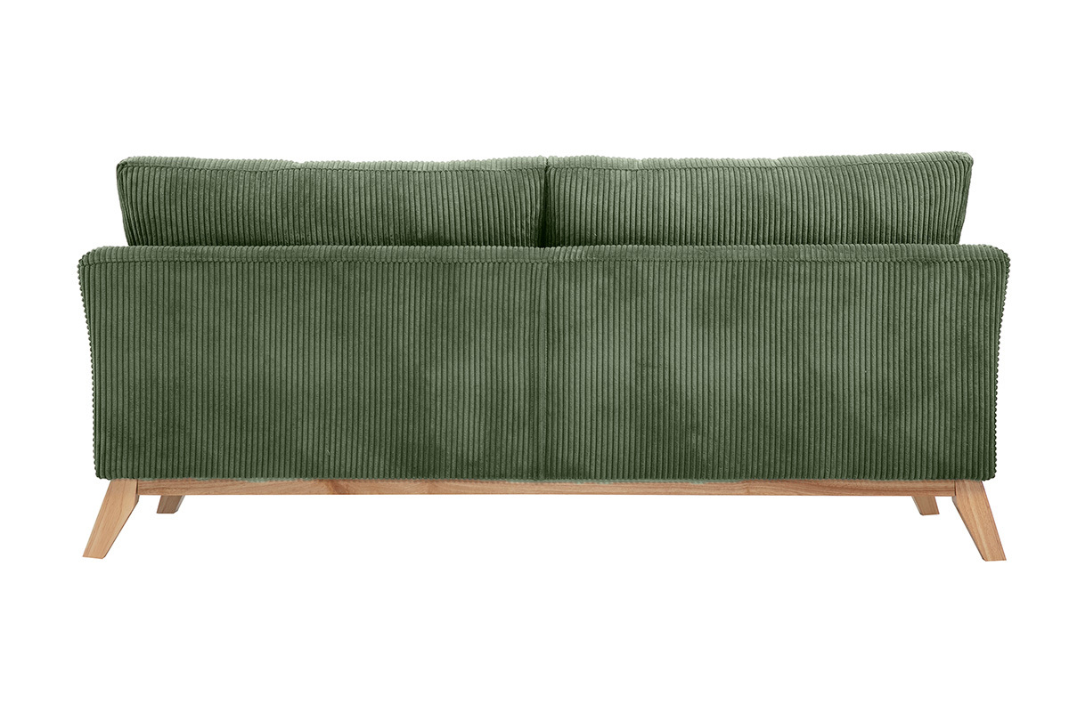 Divano scandinavo sfoderabile 3 posti in tessuto velluto a coste verde kaki e legno chiaro OSLO