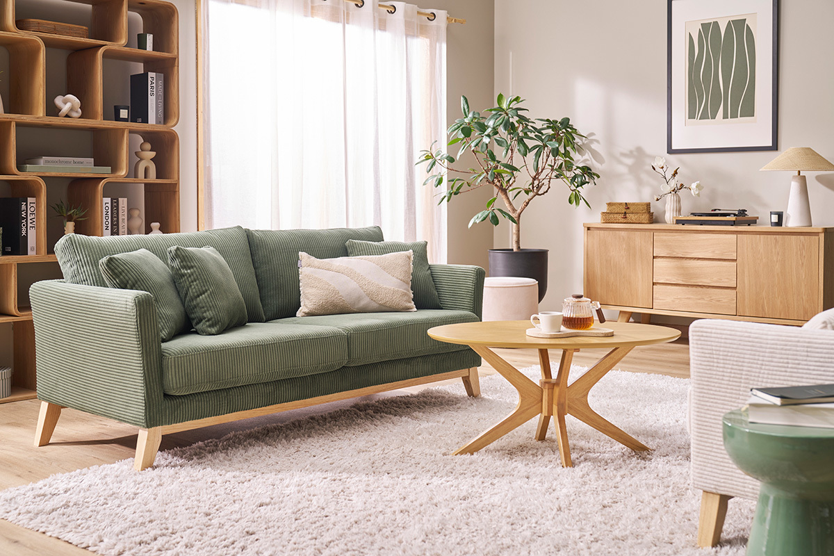 Divano scandinavo sfoderabile 3 posti in tessuto velluto a coste verde kaki e legno chiaro OSLO