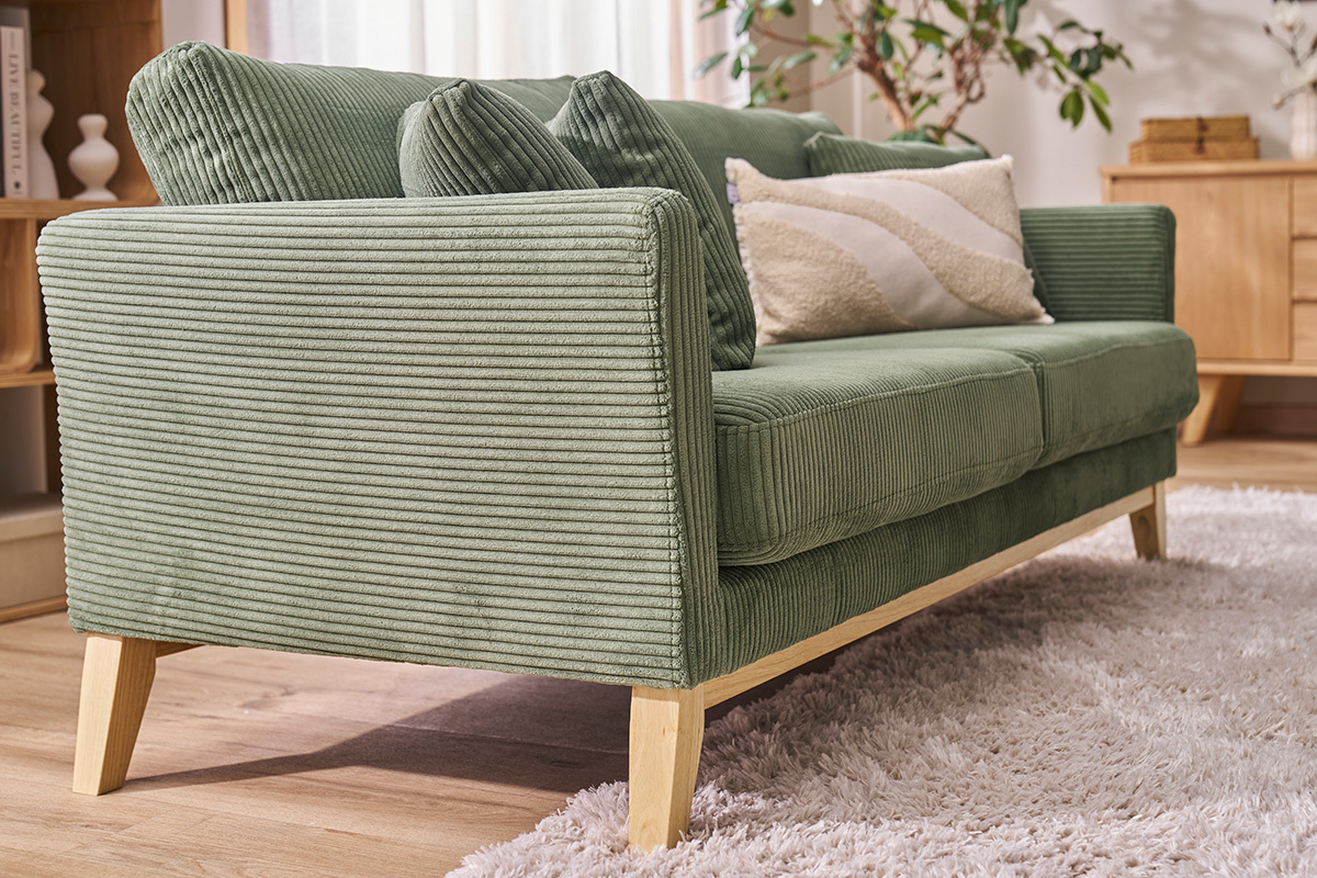 Divano scandinavo sfoderabile 3 posti in tessuto velluto a coste verde kaki e legno chiaro OSLO