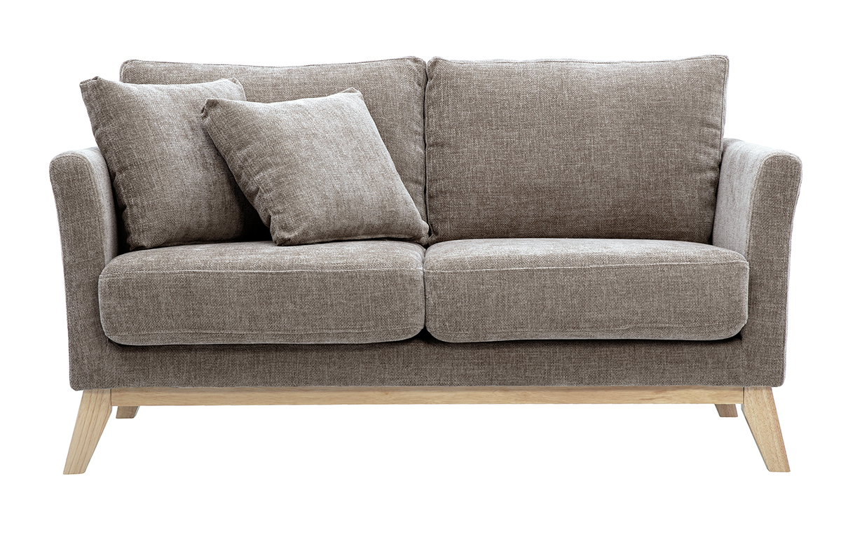 Divano scandinavo sfoderabile a 2 posti in tessuto effetto velluto testurizzato taupe e legno chiaro OSLO