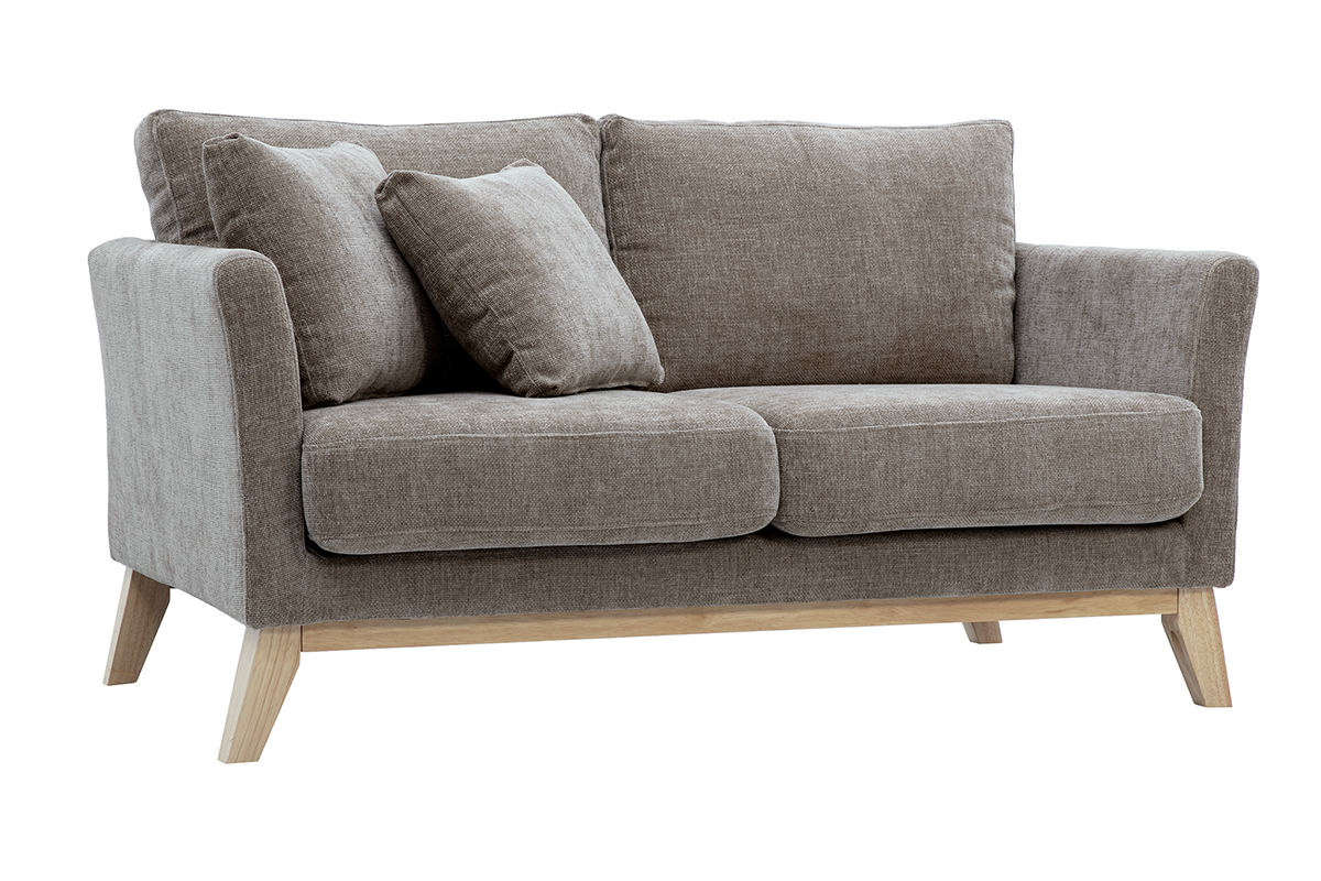 Divano scandinavo sfoderabile a 2 posti in tessuto effetto velluto testurizzato taupe e legno chiaro OSLO