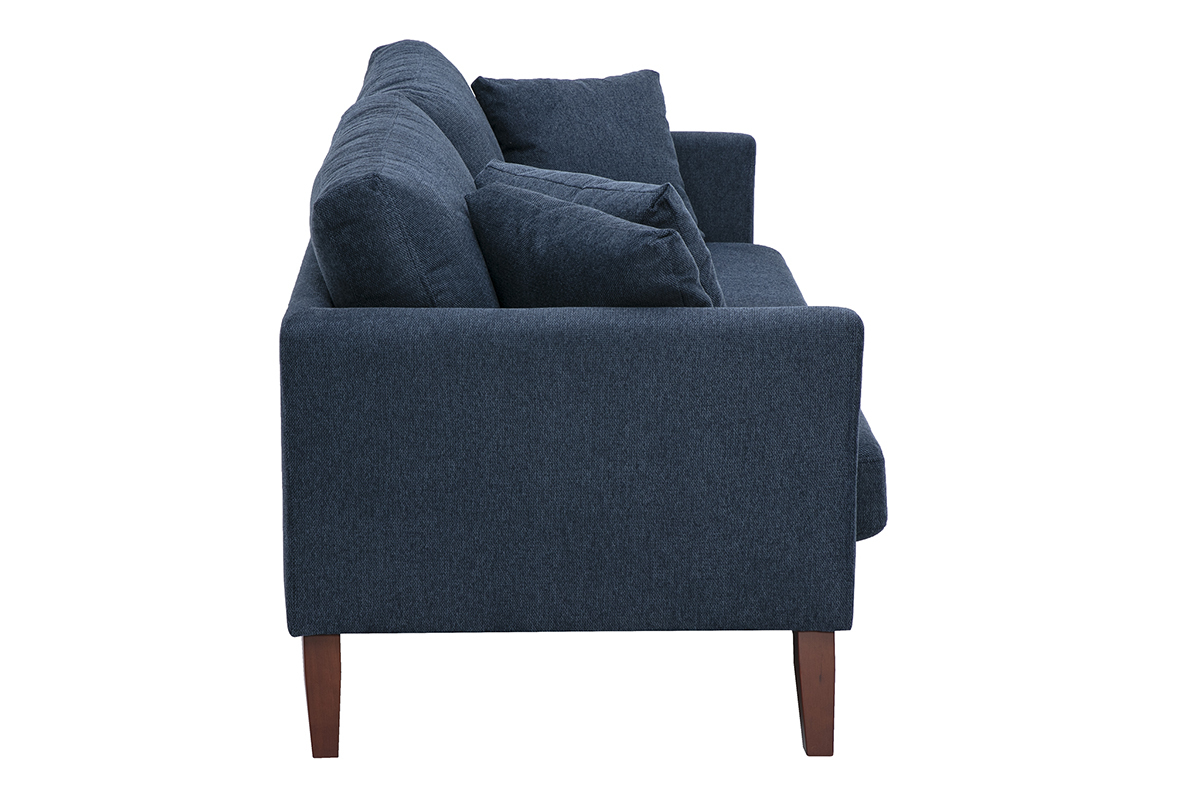 Divano scandinavo a 3 posti blu scuro, vista laterale, tessuto effetto velluto testurizzato e gambe in legno scuro.