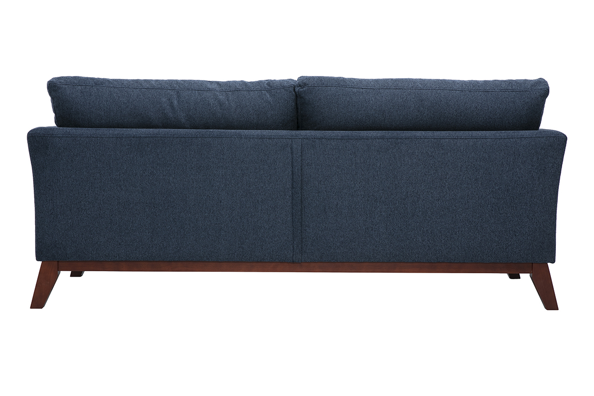 Divano scandinavo sfoderabile a 3 posti in tessuto blu scuro, vista posteriore, gambe in legno scuro.