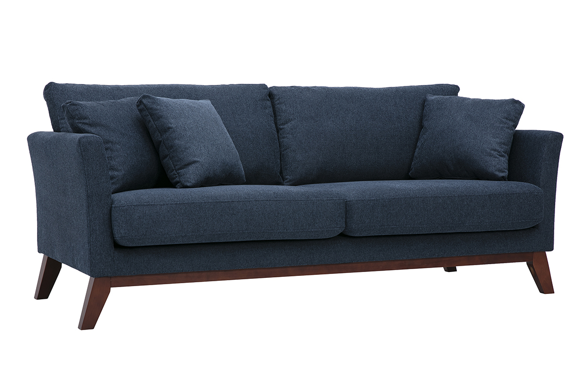 Divano scandinavo sfoderabile a 3 posti in tessuto effetto velluto testurizzato blu scuro, vista a 3/4