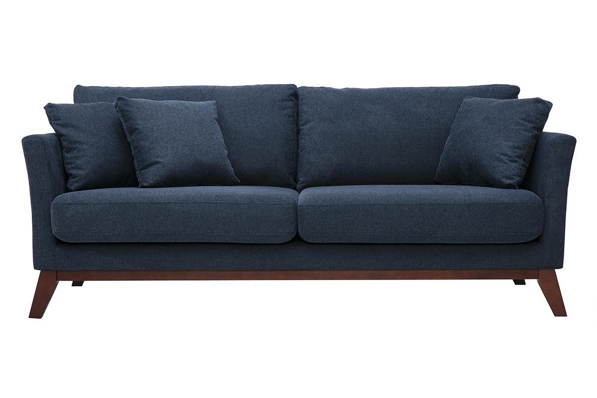 Divano scandinavo sfoderabile a 3 posti in tessuto effetto velluto testurizzato blu scuro, vista frontale.