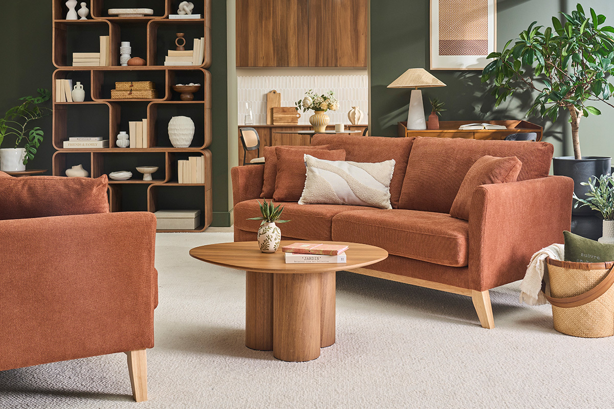 Divano scandinavo sfoderabile a 3 posti, con cuscini, in tessuto velluto, angolo laterale.