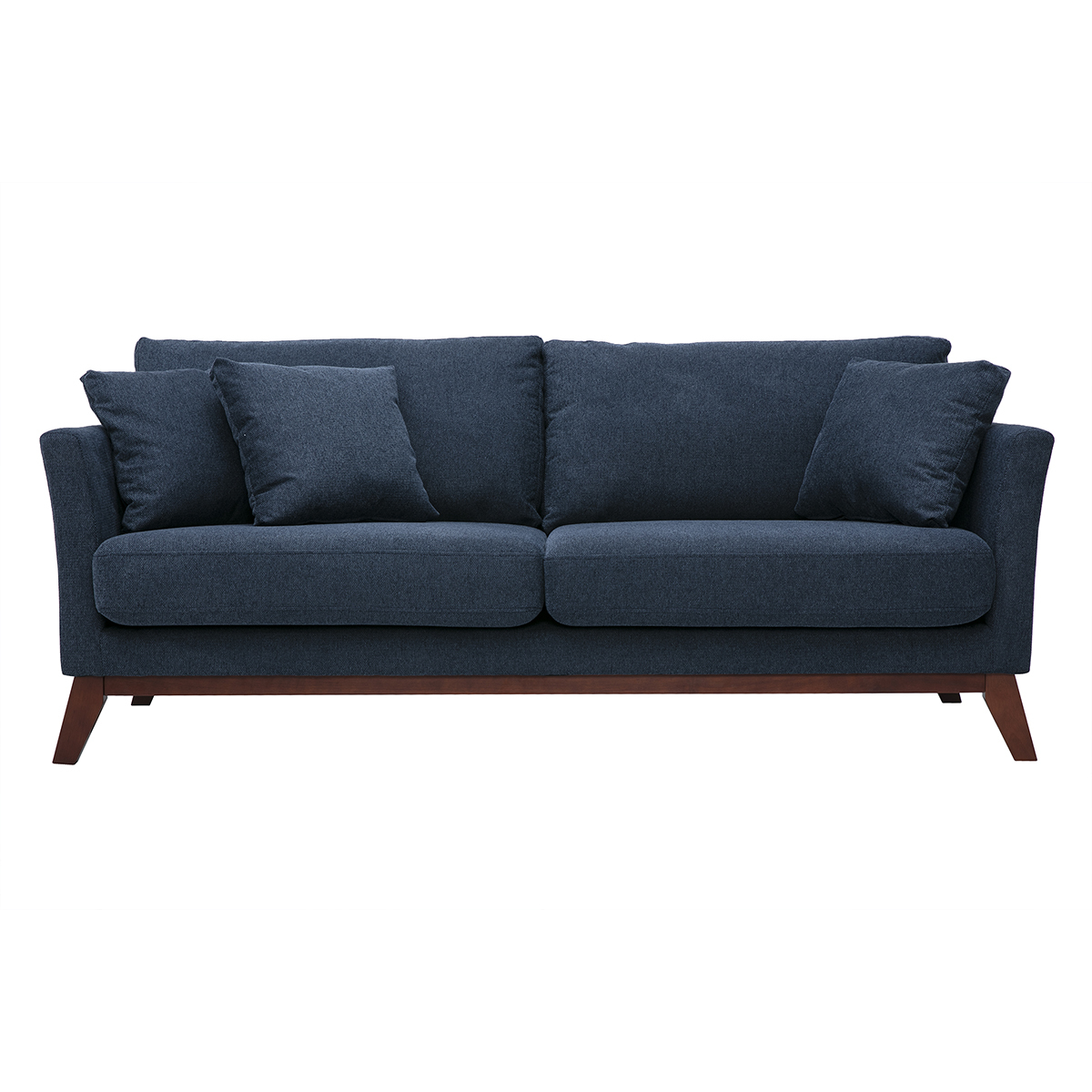 Divano scandinavo sfoderabile a 3 posti in tessuto effetto velluto testurizzato blu scuro e legno scuro OSLO