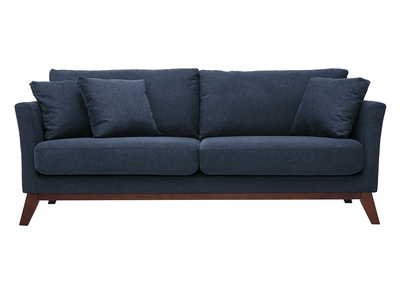 Divano scandinavo sfoderabile a 3 posti in tessuto effetto velluto testurizzato blu scuro e legno scuro OSLO