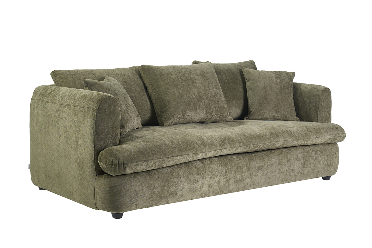 Divano sfoderabile 3-4 posti design a fagiolo in tessuto verde kaki, con cuscini, vista a 3/4.