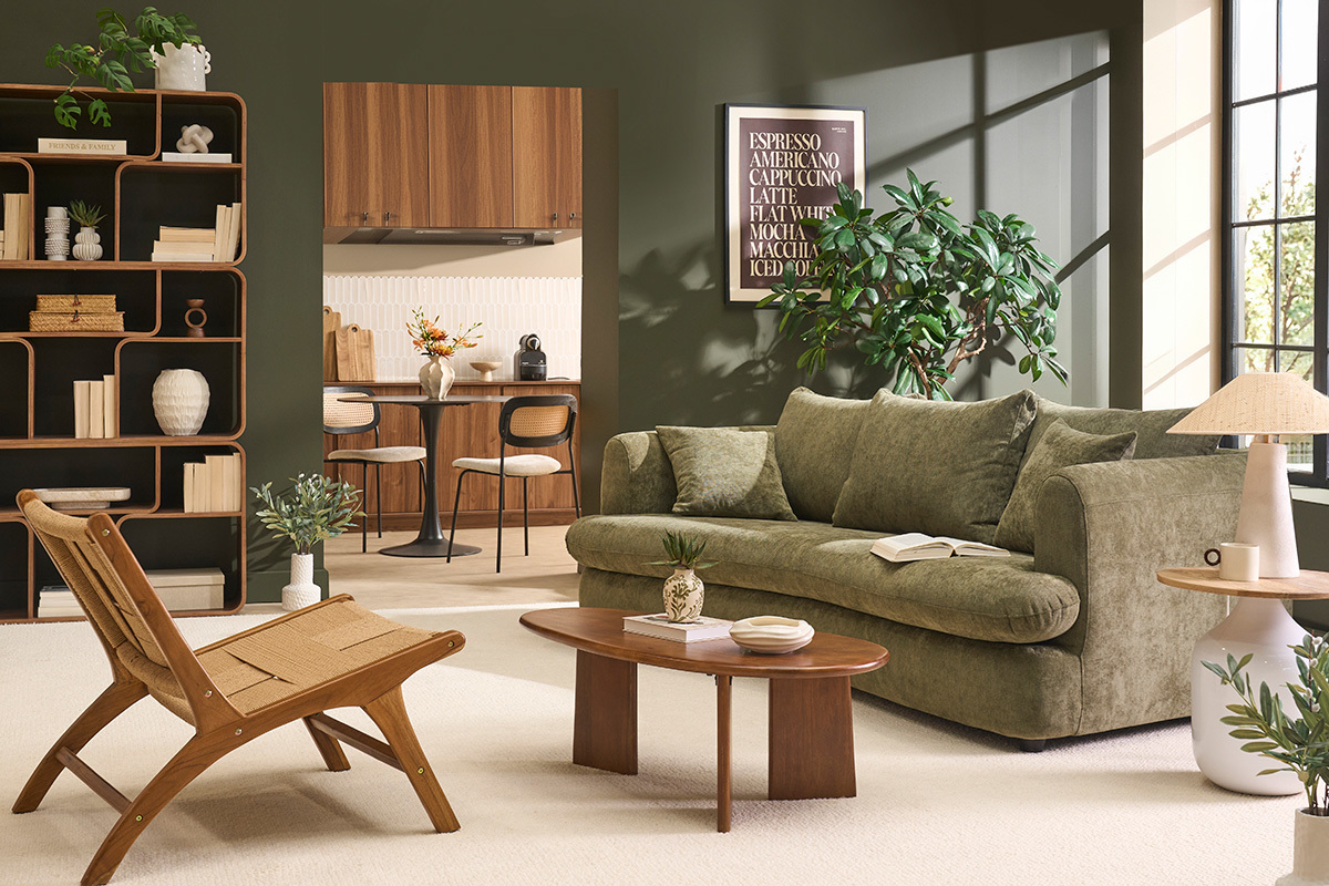 Divano sfoderabile design a fagiolo 3-4 posti in tessuto effetto velluto testurizzato verde kaki SACHA