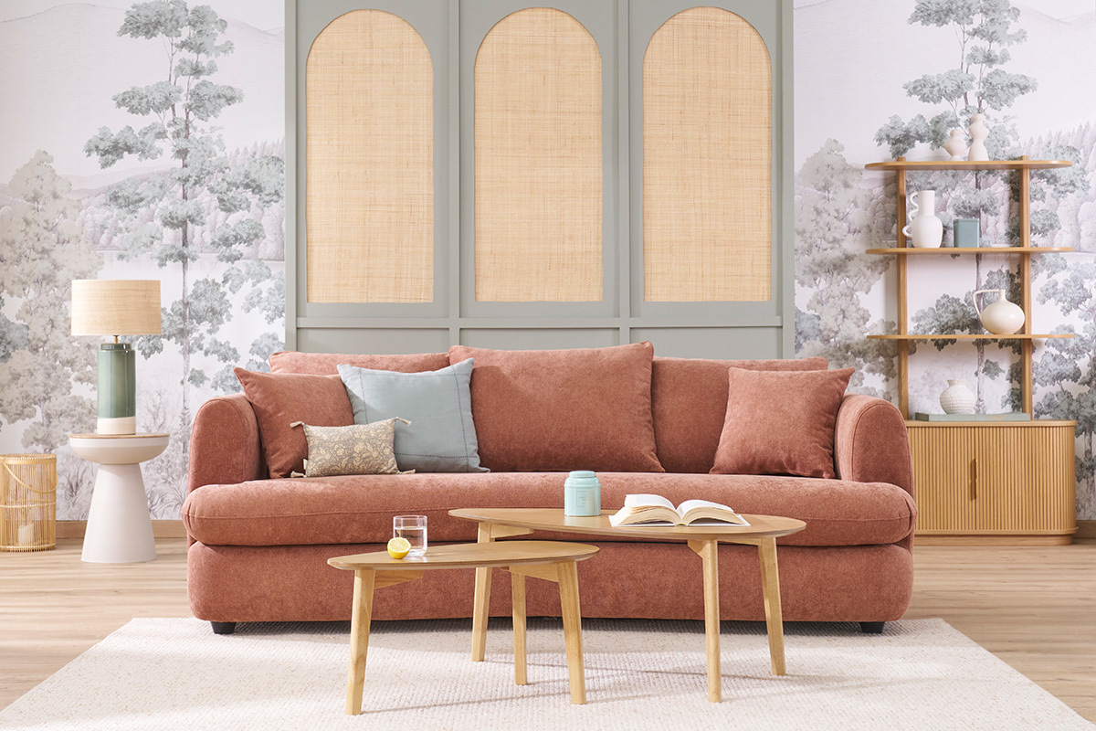 Divano sfoderabile design a forma di fagiolo in tessuto effetto velluto terracotta SACHA