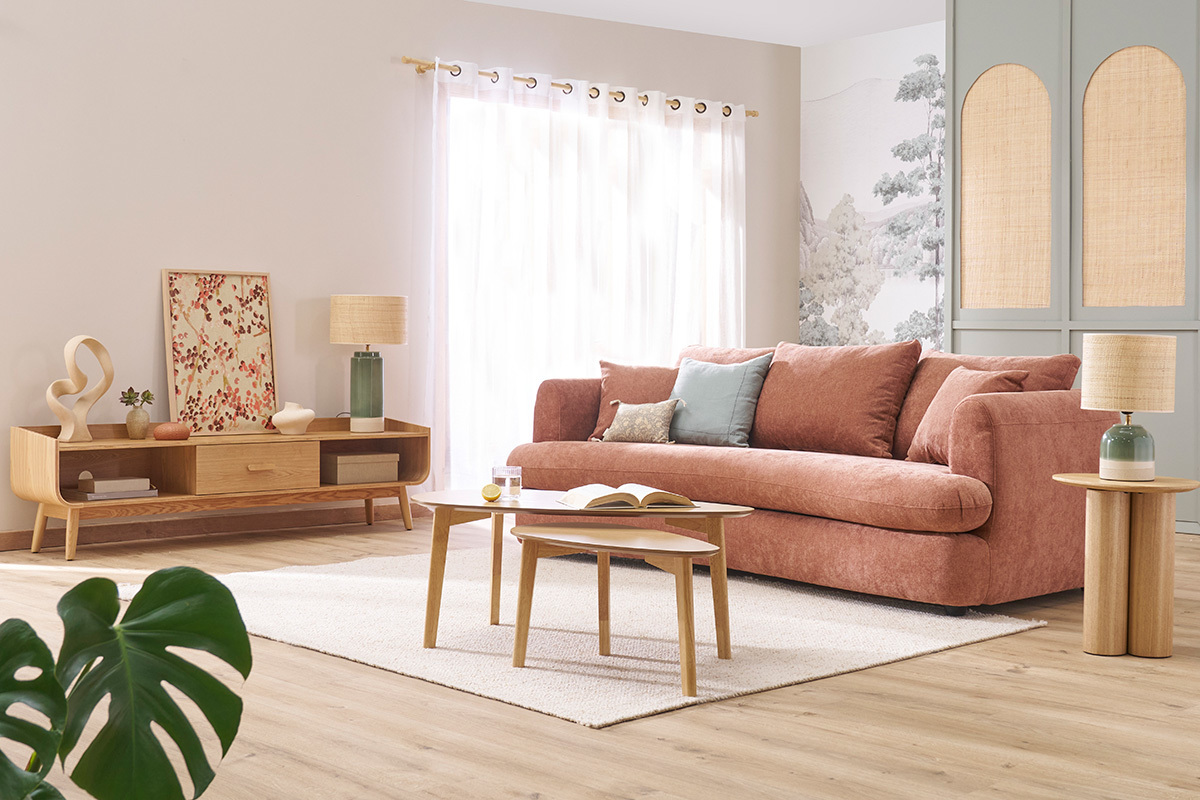 Divano sfoderabile design a forma di fagiolo in tessuto effetto velluto terracotta SACHA