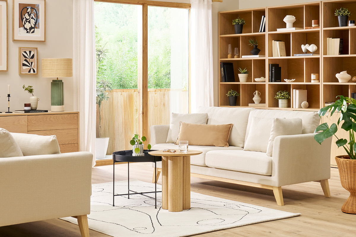 Divano sfoderabile in stile scandinavo 3 posti beige con piedini in legno OSLO
