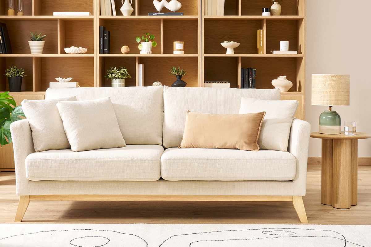 Divano sfoderabile in stile scandinavo 3 posti beige con piedini in legno OSLO