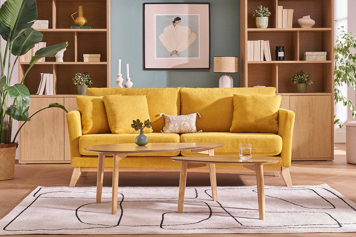 Divano sfoderabile in stile scandinavo 3 posti effetto velluto color senape OSLO