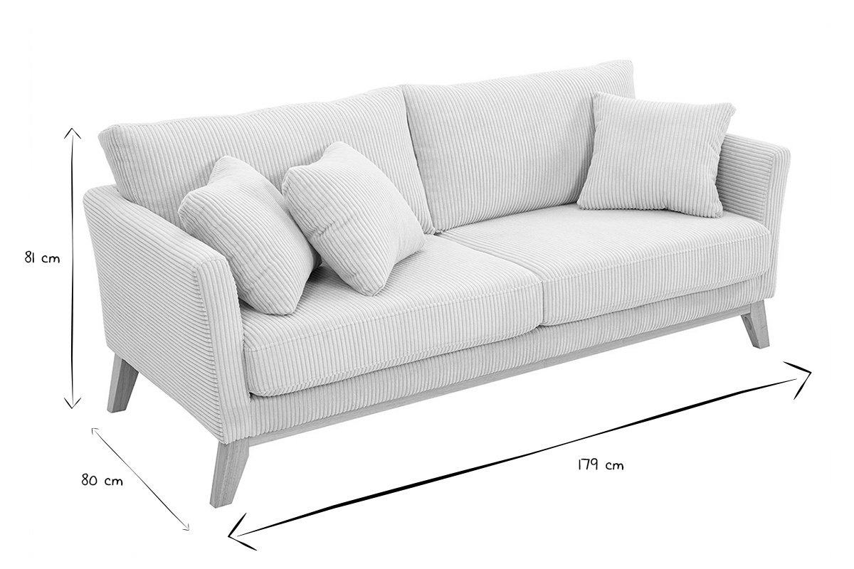 Divano sfoderabile in stile scandinavo 3 posti velluto a coste beige con piedini in legno OSLO