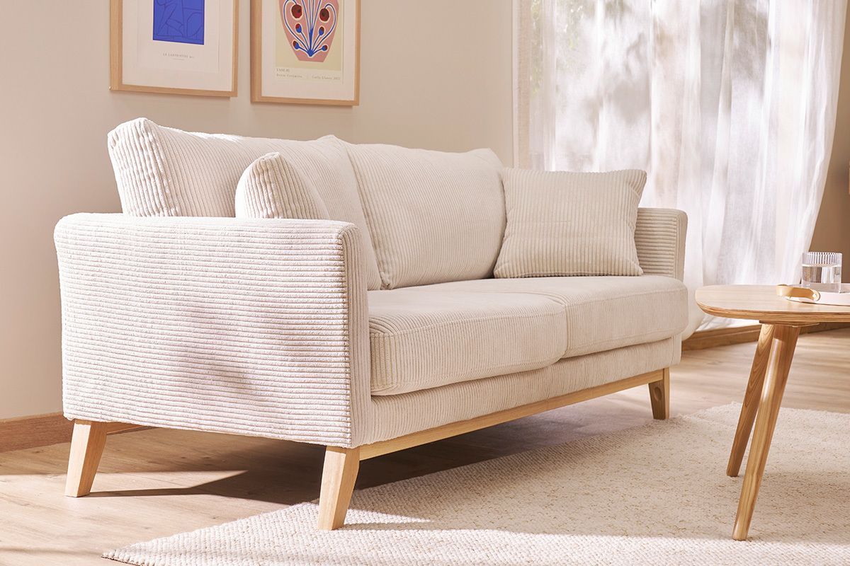 Divano sfoderabile in stile scandinavo 3 posti velluto a coste beige con piedini in legno OSLO