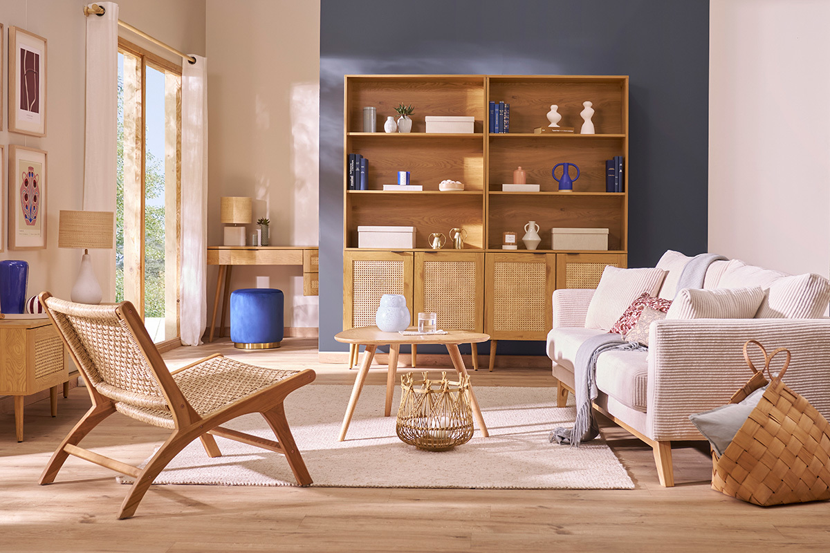 Divano sfoderabile in stile scandinavo 3 posti velluto a coste beige con piedini in legno OSLO